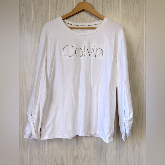 Calvin Klein White Embossed Shine Sweatshirt rolled sleeves Size L EUC - Picture 1 of 4